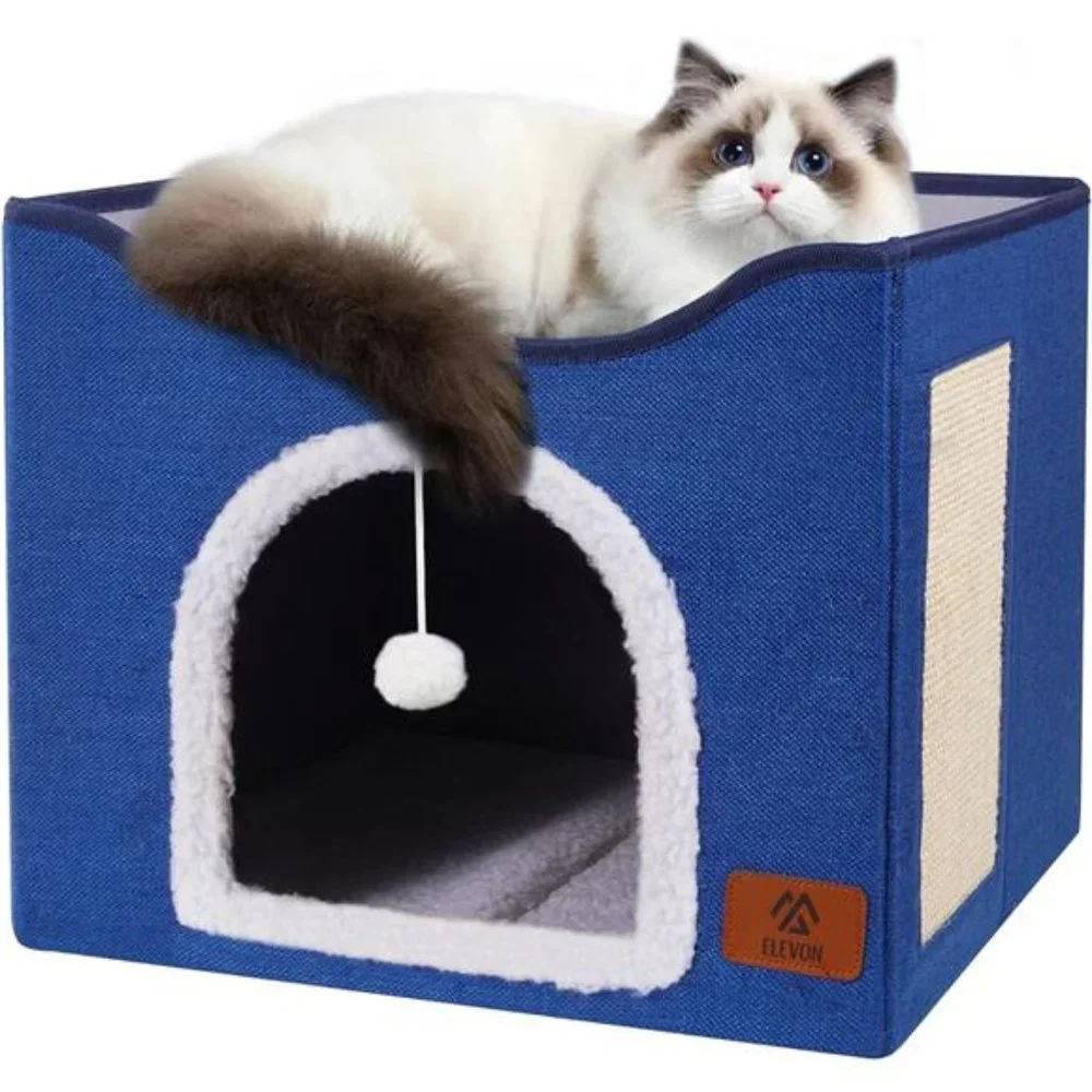 Elevon Cat Beds, Cat House Cat Cave Beds with Scratch Pad, Foldable (Blue)